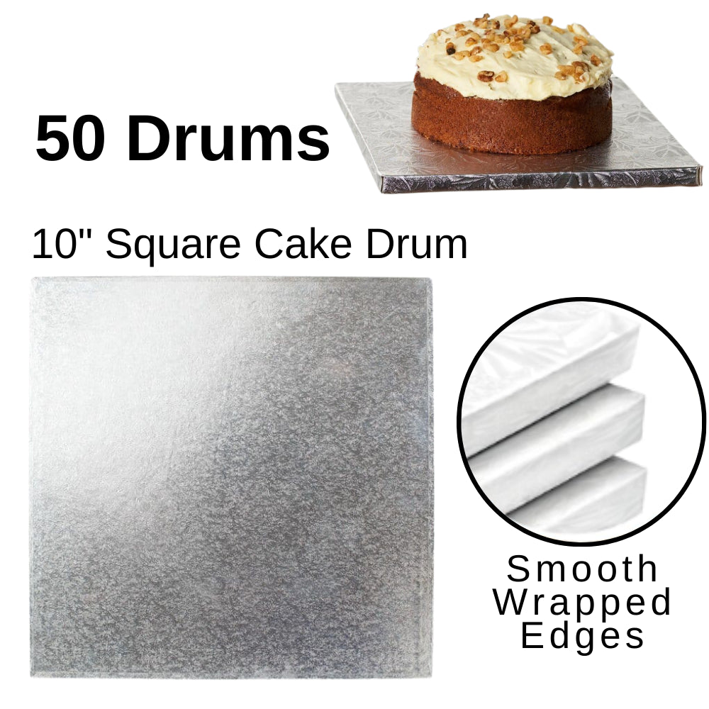 50 Board - 10" Square Cake Drums - Silver