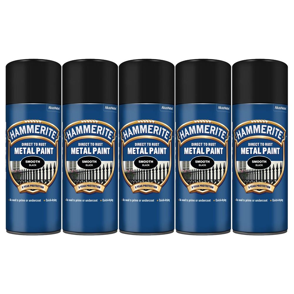 5X Hammerite Smooth Black Spray Paint 400ml