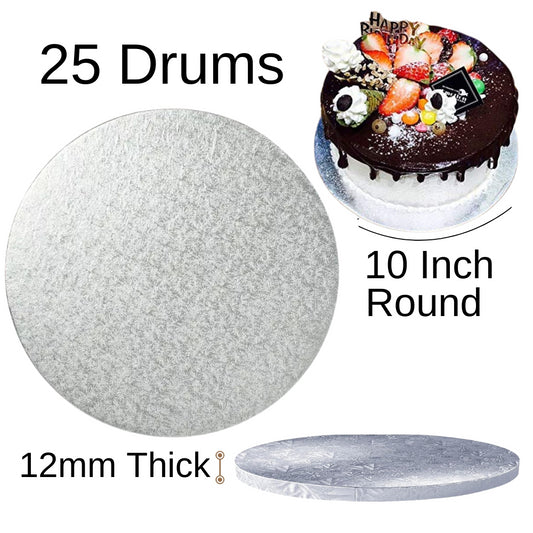 25 Board - 10" Round Cake Drums - Silver