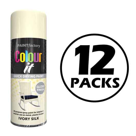 12X Paint Factory Ivory Silk Gloss Spray Paint 400ml