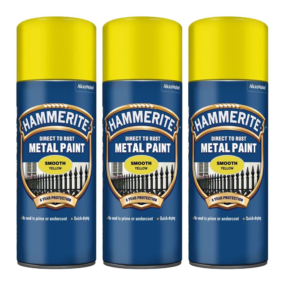 3X Hammerite Smooth Yellow Spray Paint 400ml