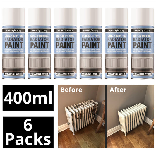 6x Paint Factory Quick Drying Radiator Paint White 400Ml