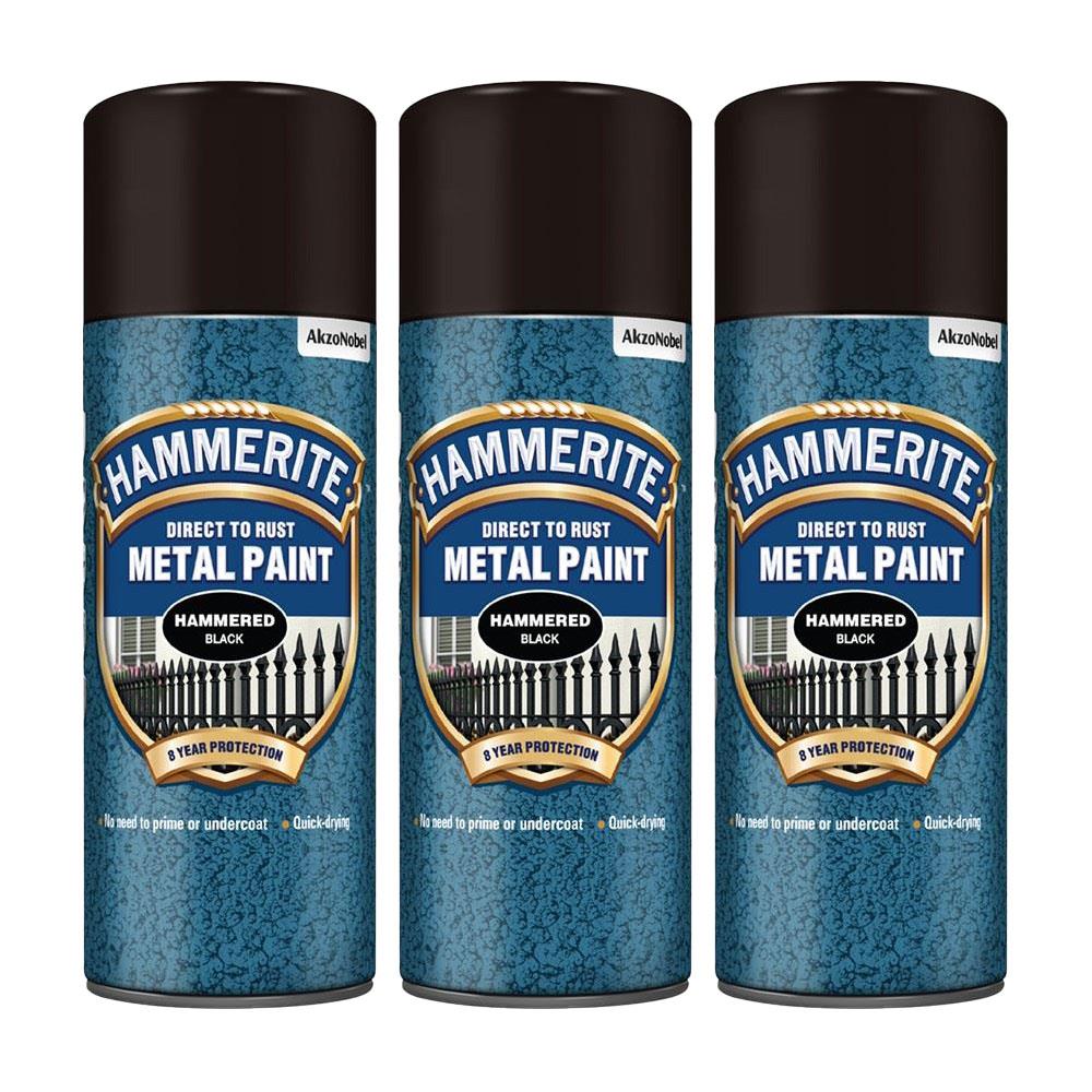 3X Hammerite Hammered Black Spray Paint 400ml