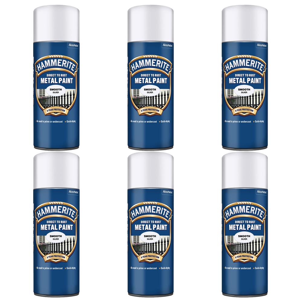 6X Hammerite Smooth Silver Spray Paint 400ml