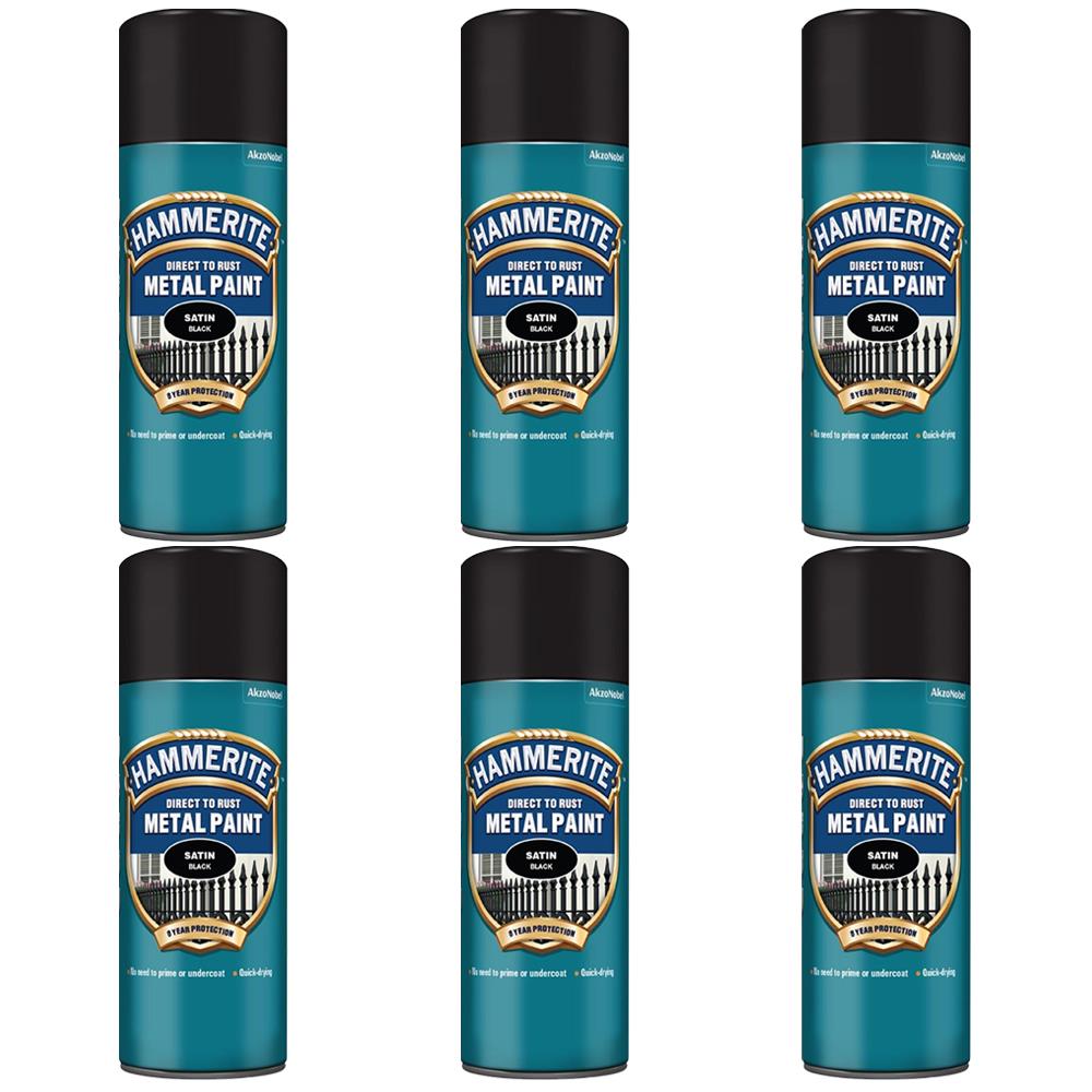 6X Hammerite Satin Black Spray Paint 400ml