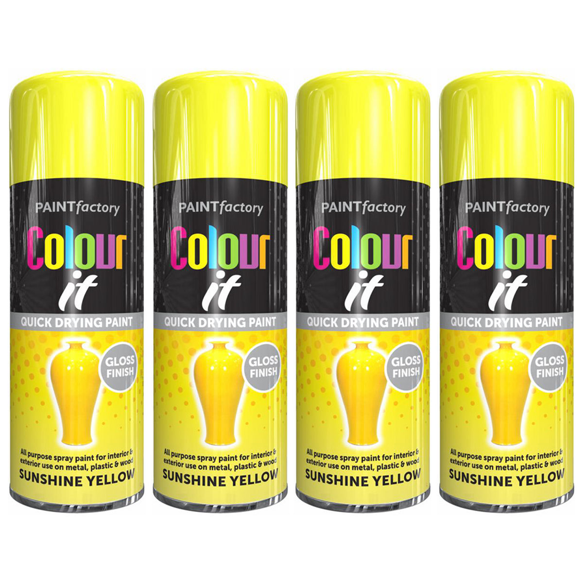 4X Paint Factory Sunshine Yellow Gloss Spray Paint 250ml