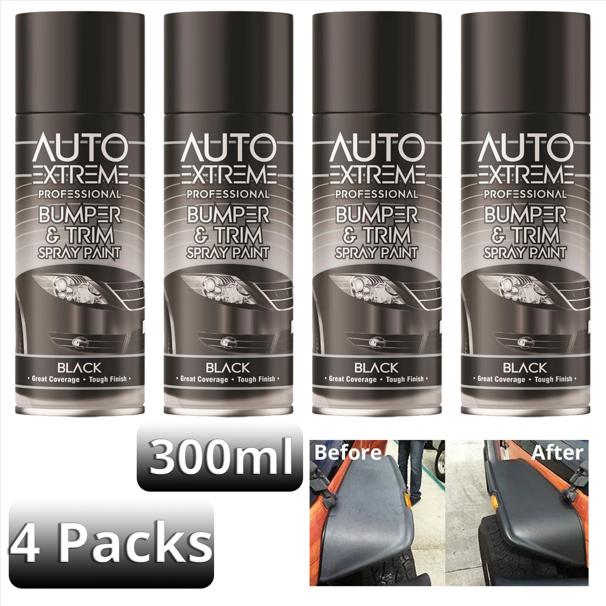 4x Auto Extreme Bumper & Trim Spray Paint Black 400Ml