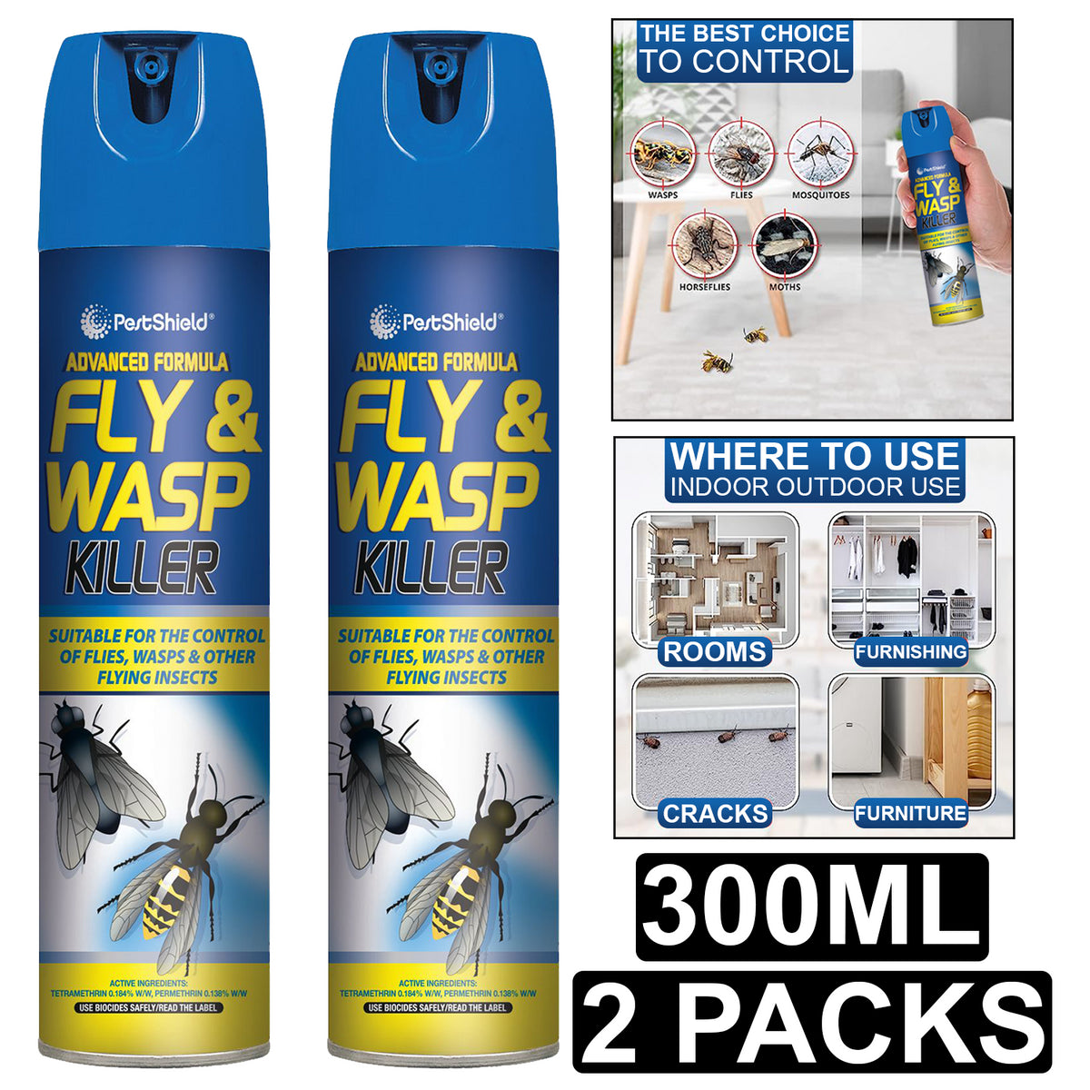 2X Fly & Wasp Killer Spray 300ml