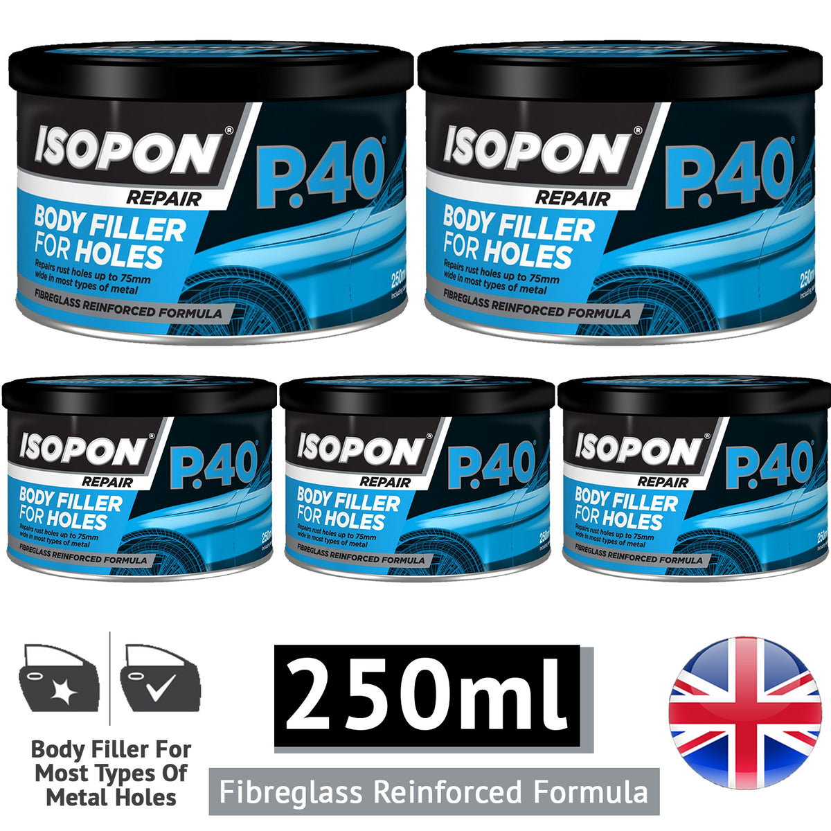 5X Isopon P40 Body Filler For Holes 250ml