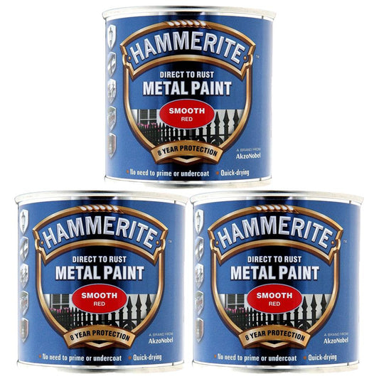 3X Hammerite Smooth Red Paint 250ml