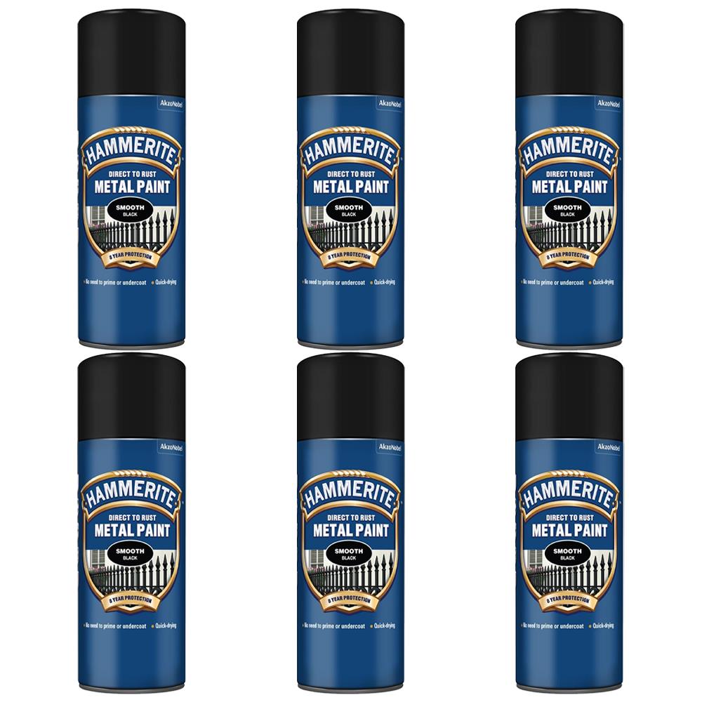 6X Hammerite Smooth Black Spray Paint 400ml