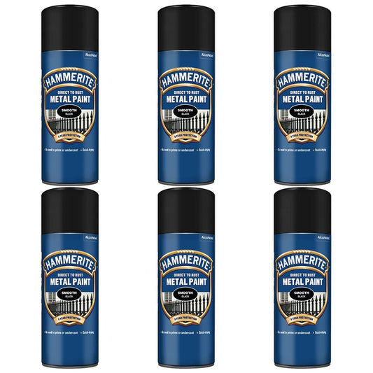 6X Hammerite Smooth Black Spray Paint 400ml