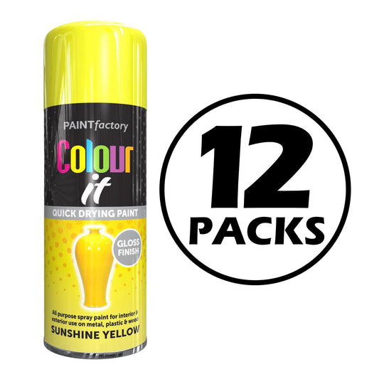 12X Paint Factory Sunshine Yellow Gloss Spray Paint 250ml