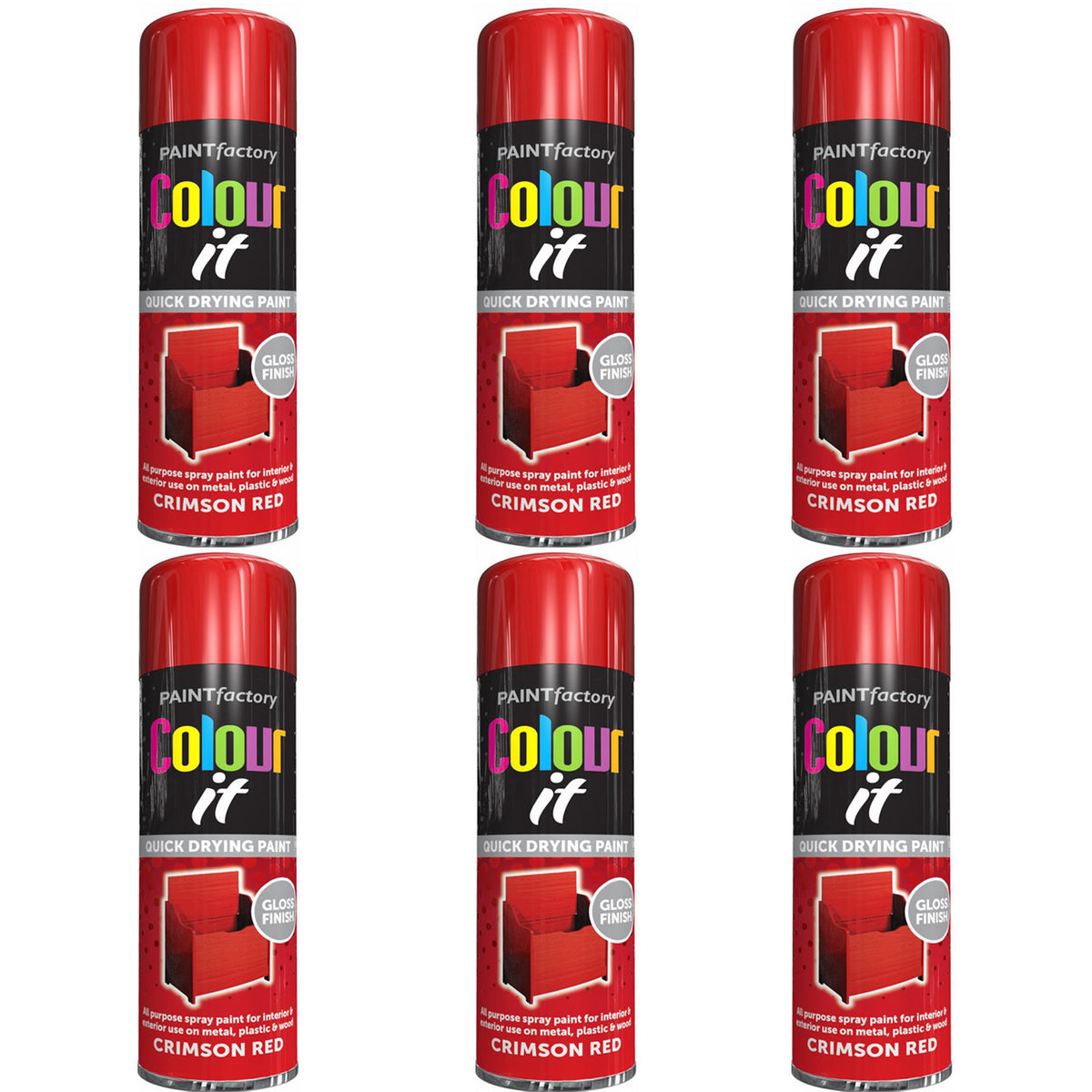 6X Paint Factory Crimson Red Gloss Spray Paint 250ml