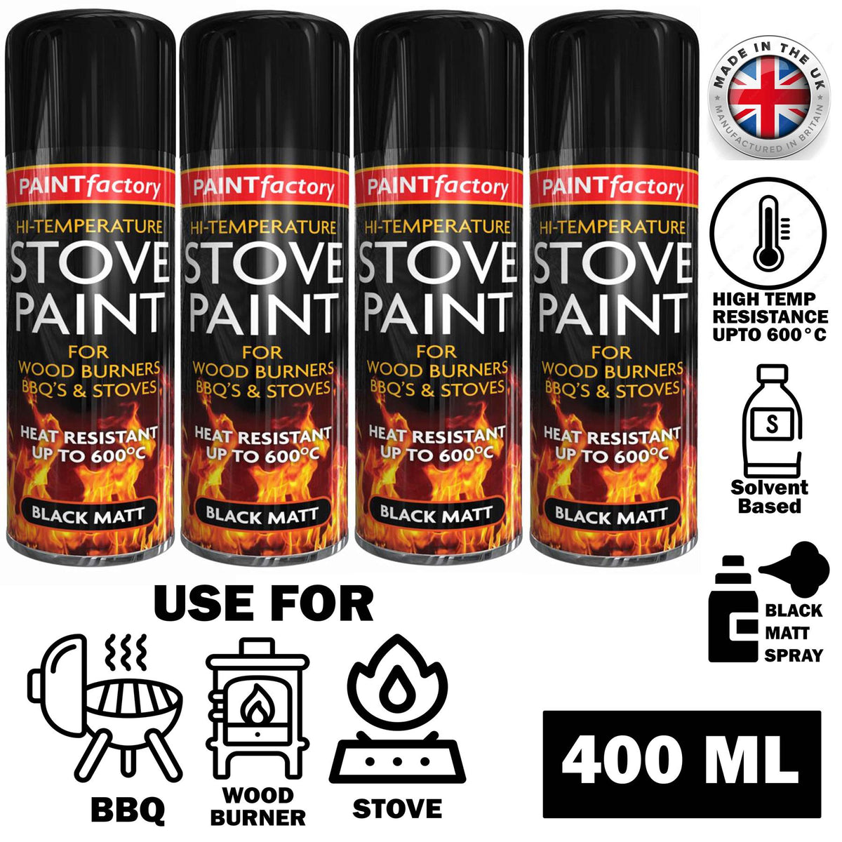 4X High Temp Black Stove Spray Paint 400ml