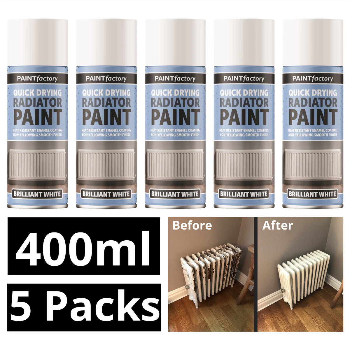 5x Paint Factory Quick Drying Radiator Paint White 400Ml