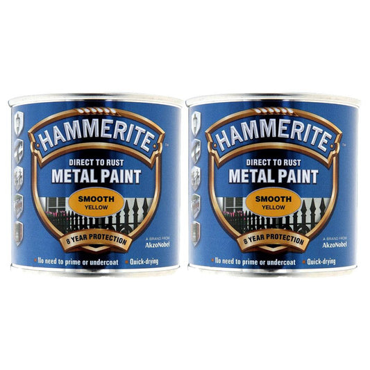 2X Hammerite Smooth Yellow Paint 250ml