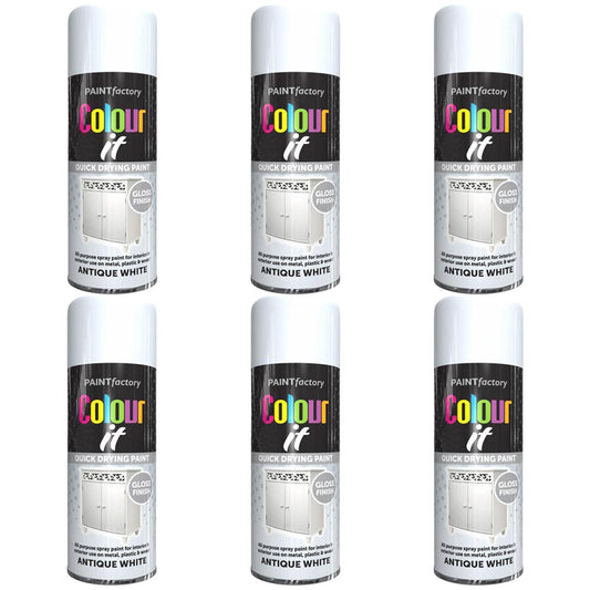 6X Paint Factory Antique White Gloss Spray Paint 400ml