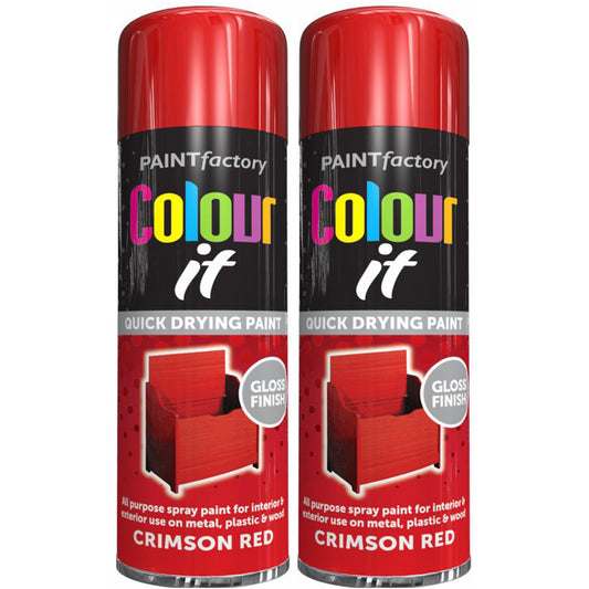 2X Paint Factory Crimson Red Gloss Spray Paint 250ml