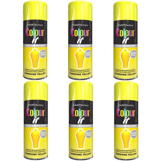 6X Paint Factory Sunshine Yellow Gloss Spray Paint 250ml