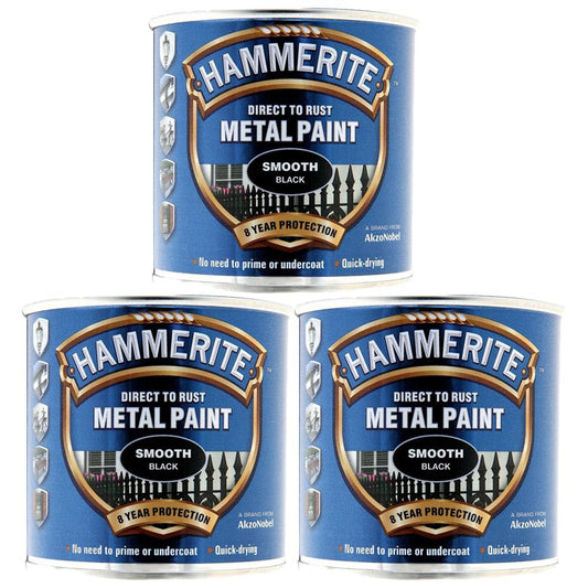 3X Hammerite Smooth Black Paint 250ml