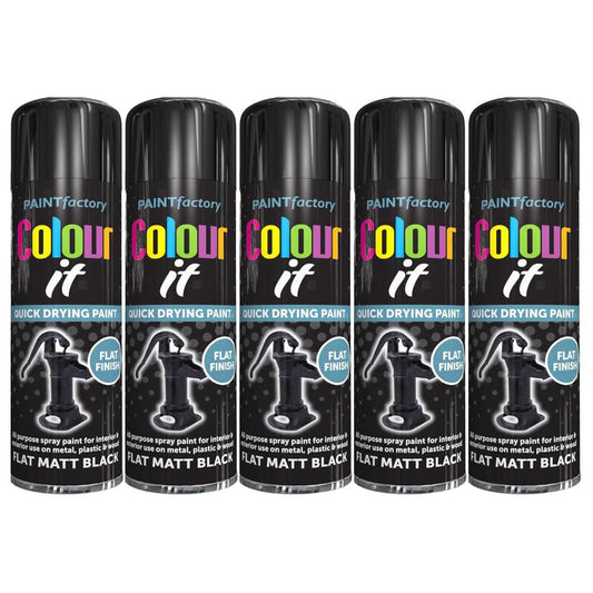 5X Paint Factory Flat Matt Black Spray Paint 250ml