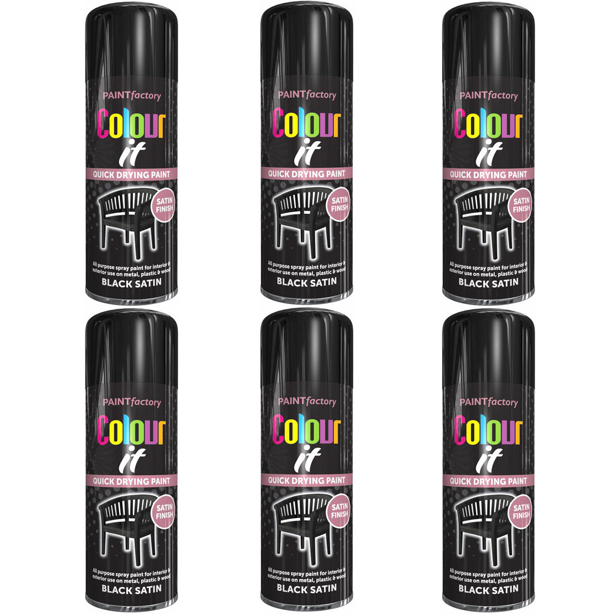 6X Paint Factory Black Satin Spray Paint 400ml