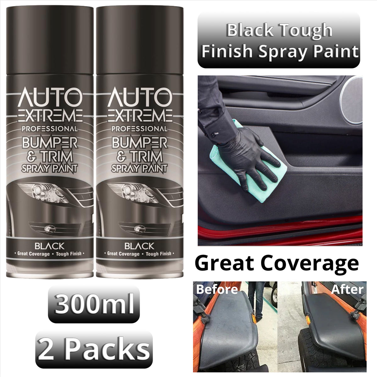 2x Auto Extreme Bumper & Trim Spray Paint Black 400Ml