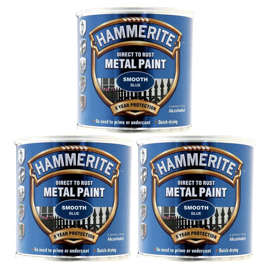 3X Hammerite Smooth Blue Paint 250ml