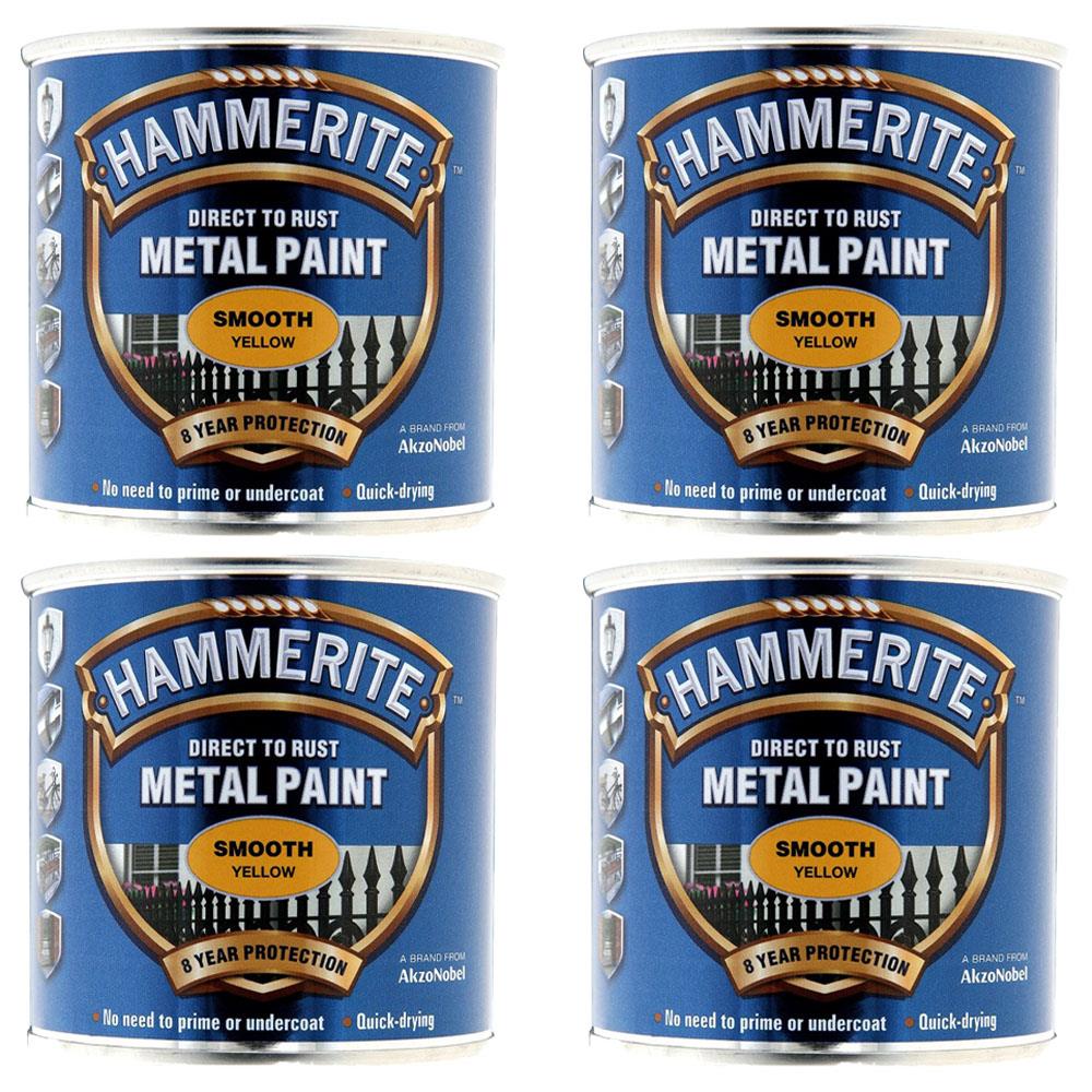 4X Hammerite Smooth Yellow Paint 250ml