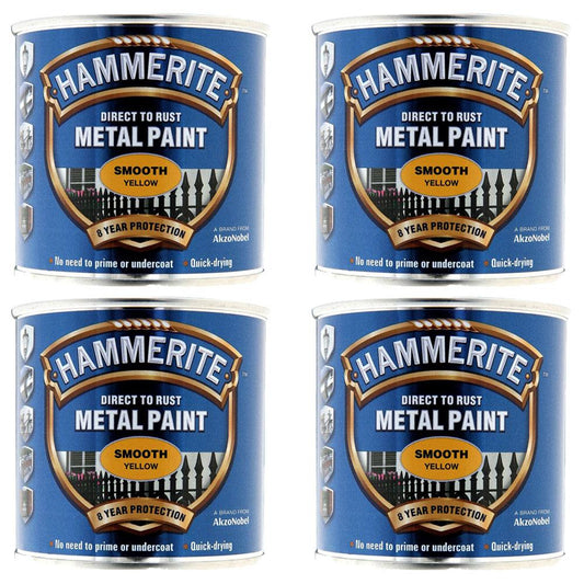 4X Hammerite Smooth Yellow Paint 250ml