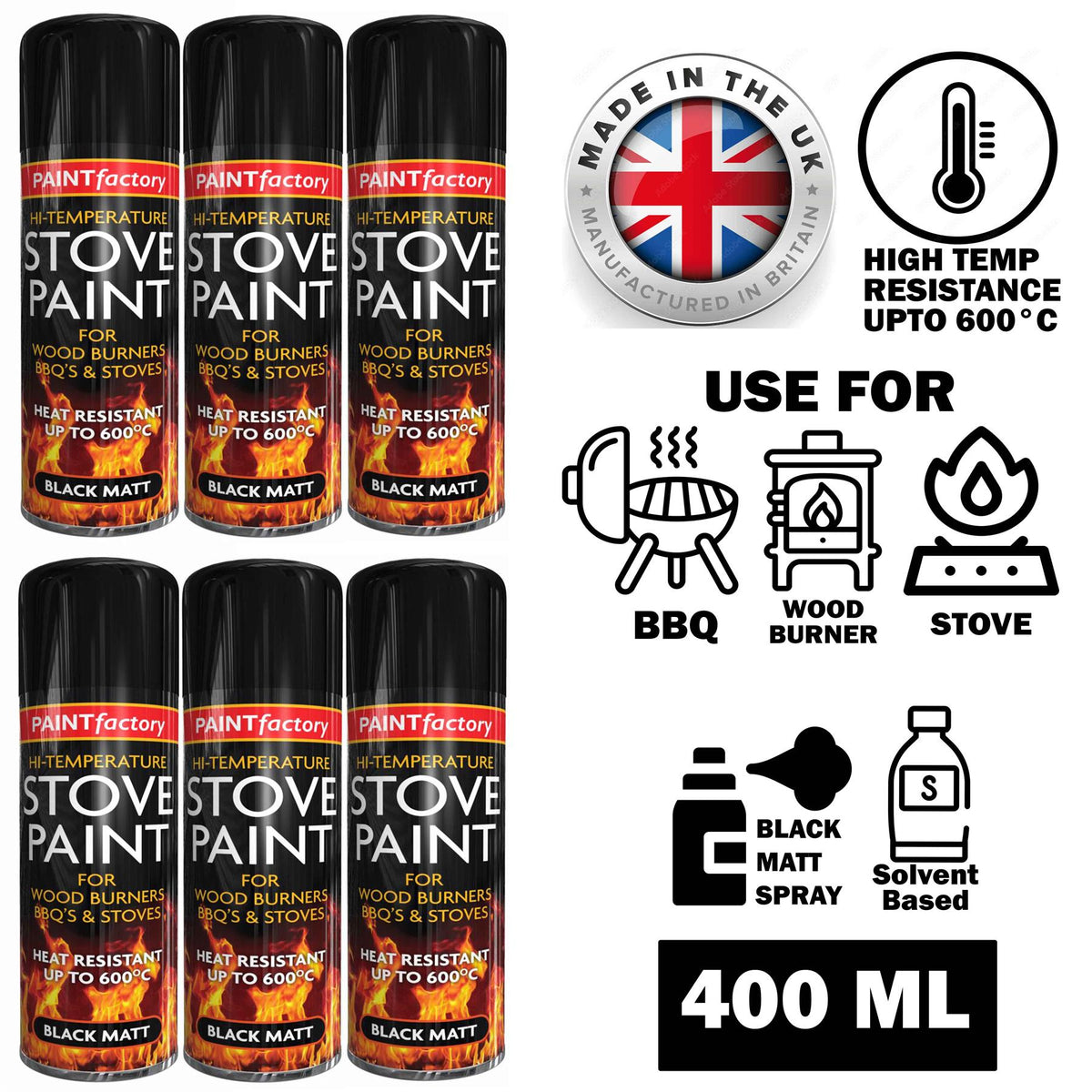 6X High Temp Black Stove Spray Paint 400ml