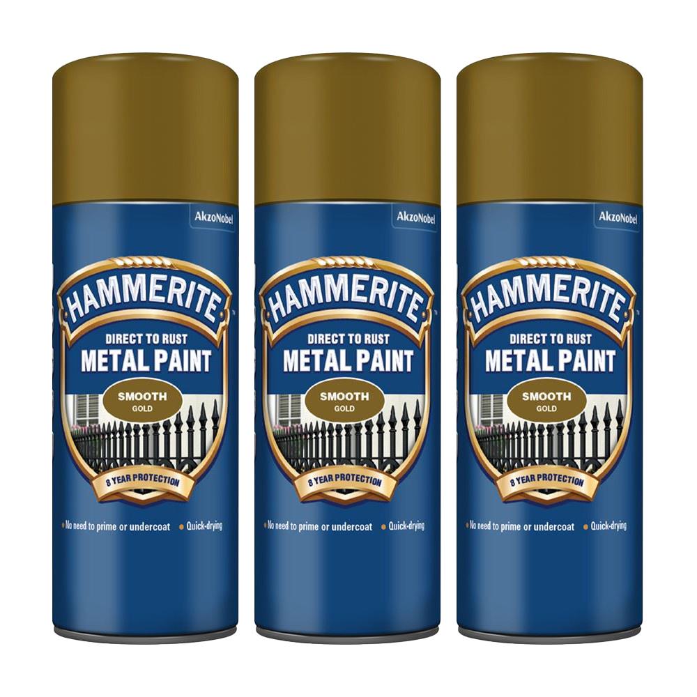 3X Hammerite Smooth Gold Spray Paint 400ml