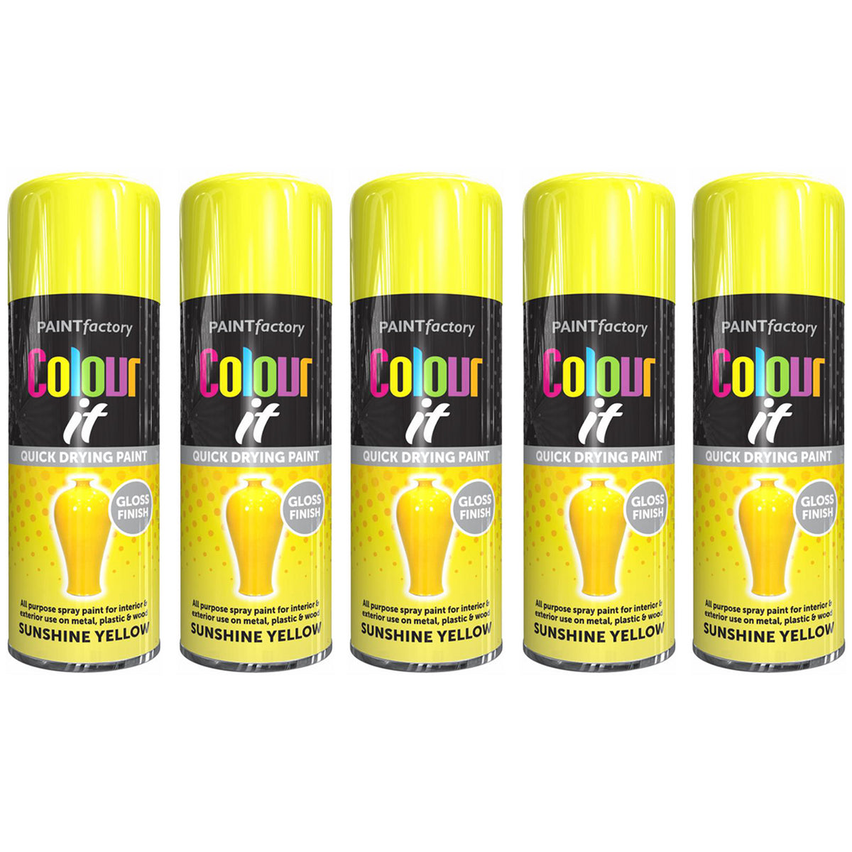 5X Paint Factory Sunshine Yellow Gloss Spray Paint 250ml