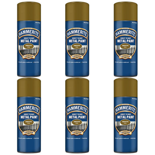 6X Hammerite Smooth Gold Spray Paint 400ml