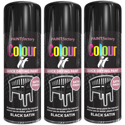 3X Paint Factory Black Satin Spray Paint 400ml