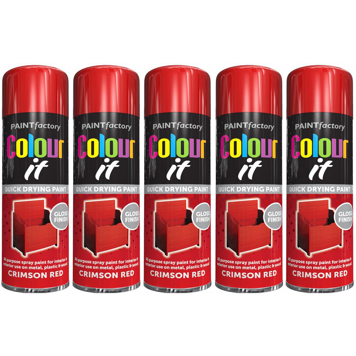 5X Paint Factory Crimson Red Gloss Spray Paint 250ml