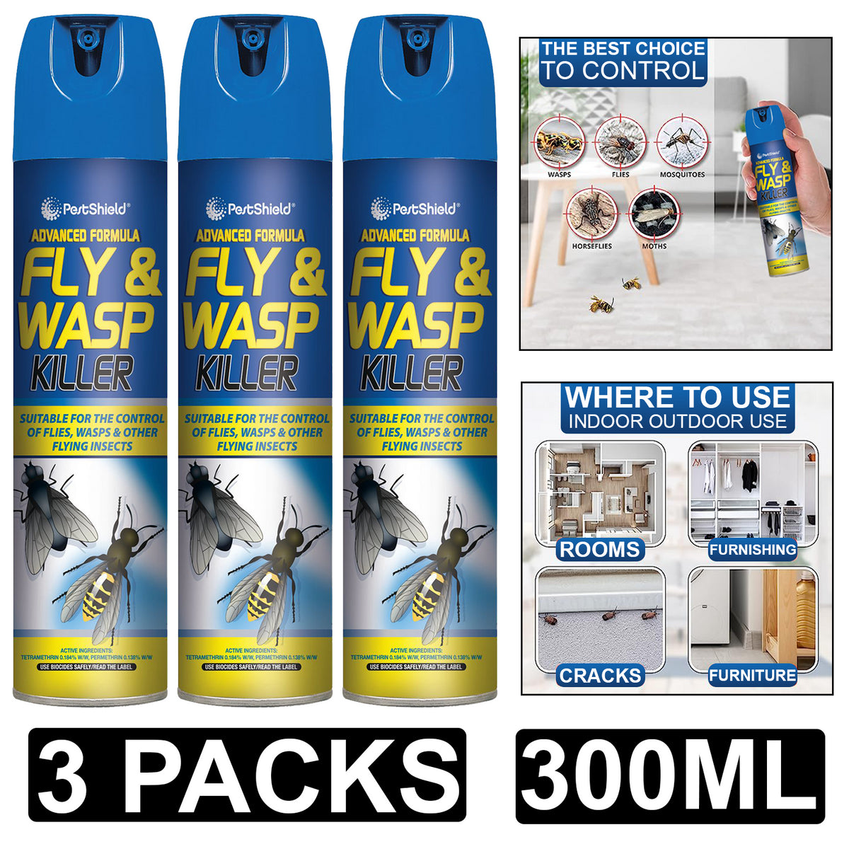 3X Fly & Wasp Killer Spray 300ml