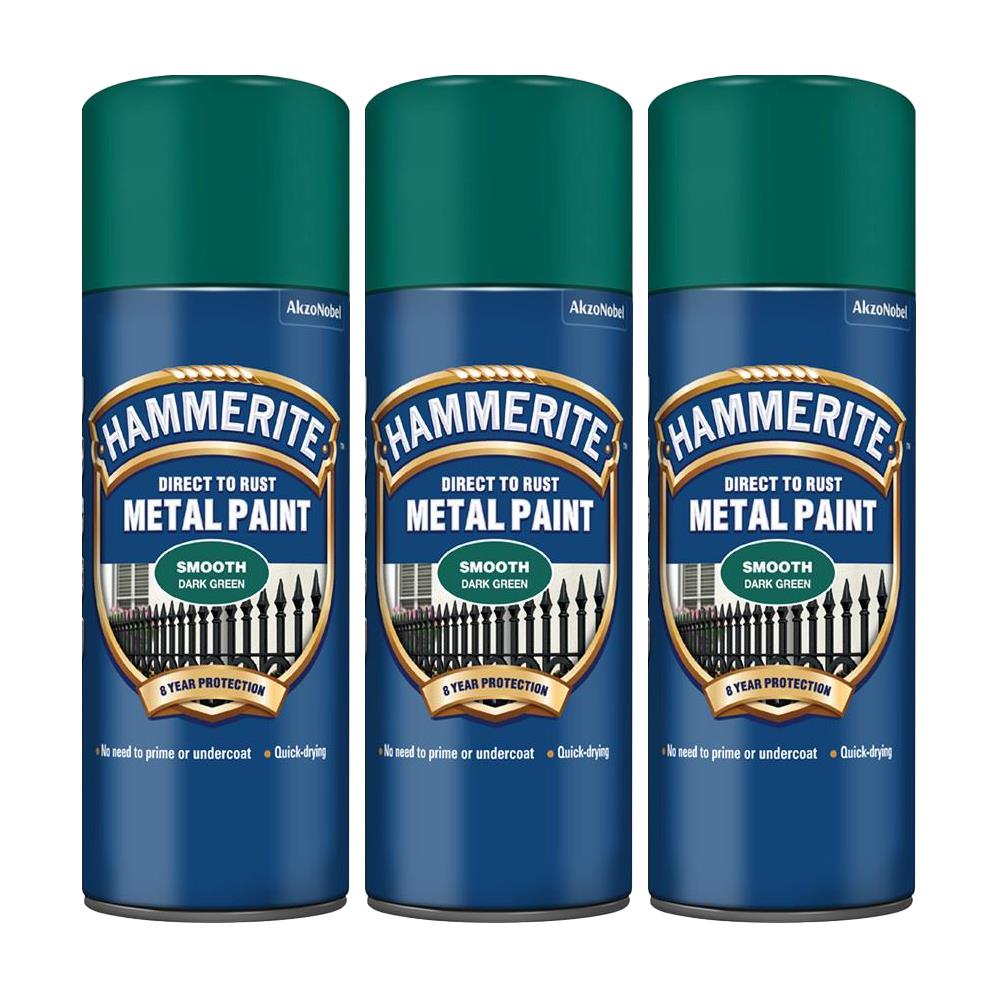 3X Hammerite Smooth Dark Green Spray Paint 400ml