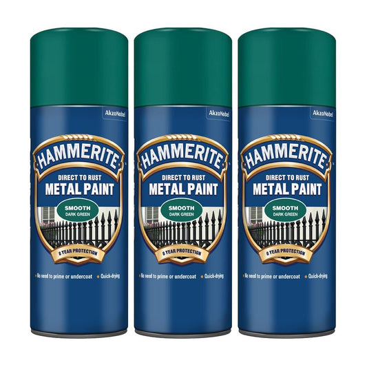 3X Hammerite Smooth Dark Green Spray Paint 400ml