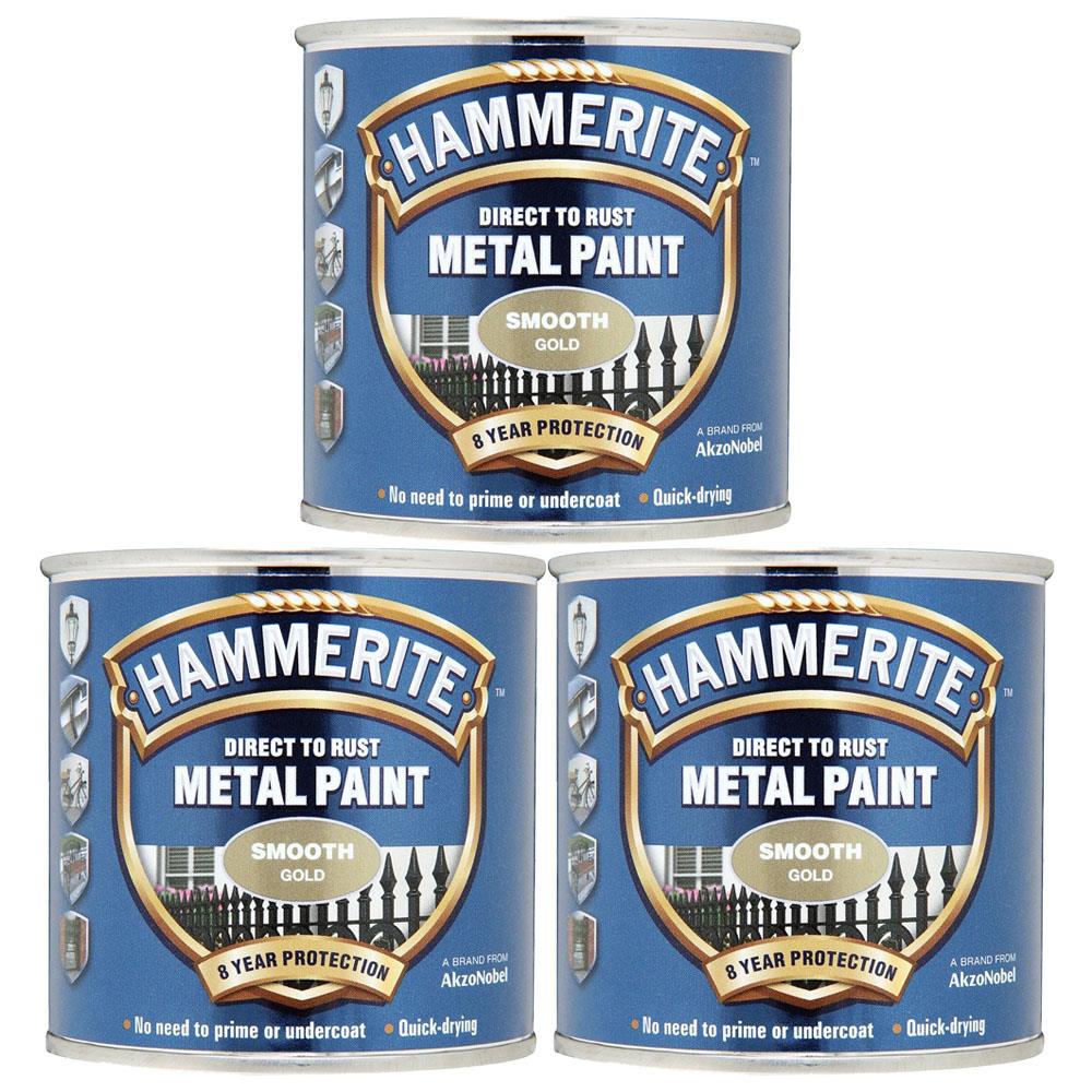 3X Hammerite Smooth Gold Paint 250ml