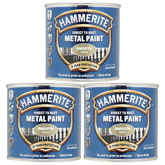 3X Hammerite Smooth Gold Paint 250ml