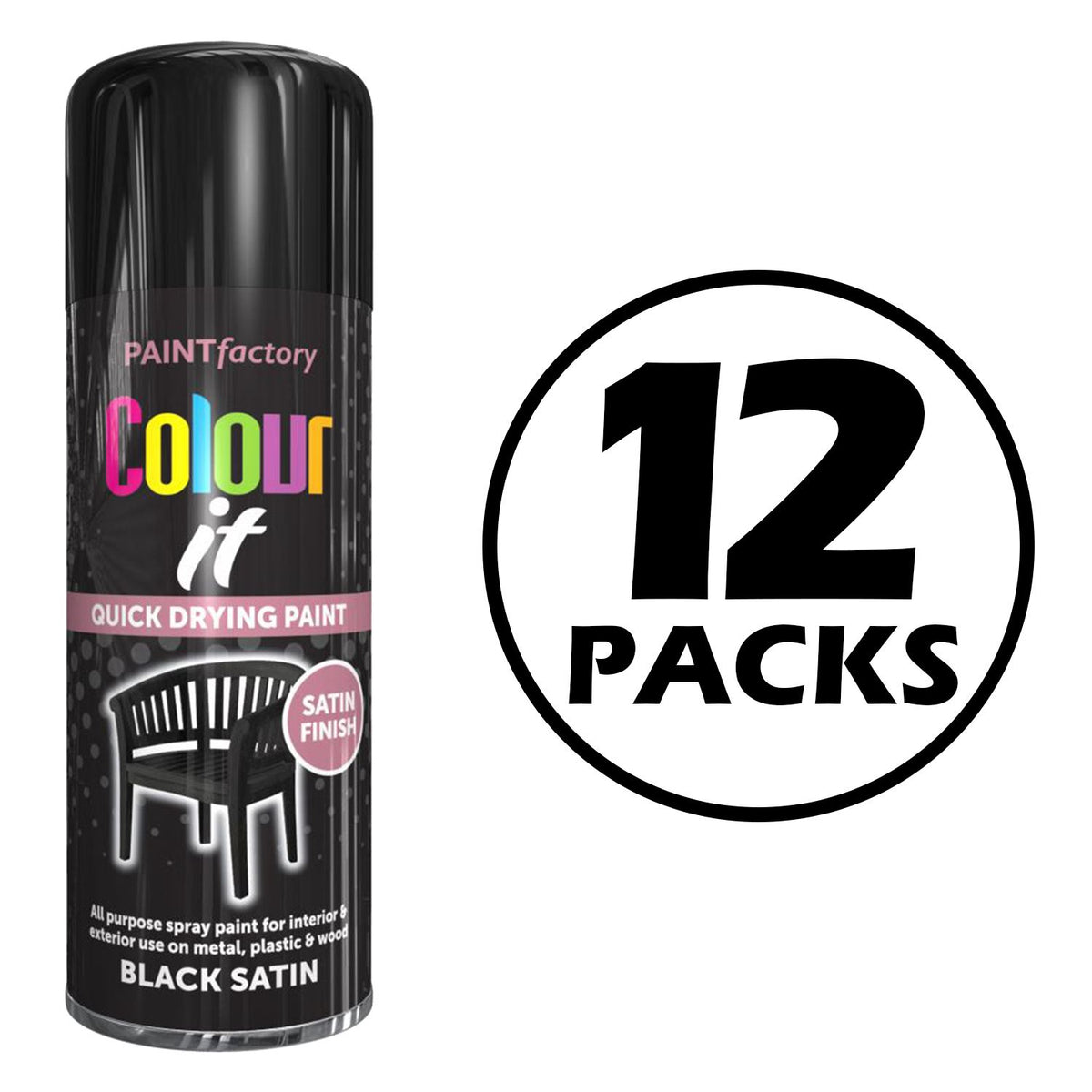 12X Paint Factory Black Satin Spray Paint 400ml