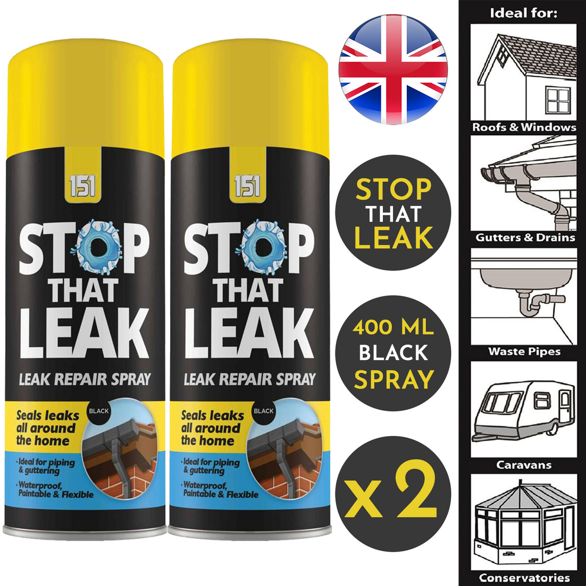 2X Stop That Leak Black Spray 400ml