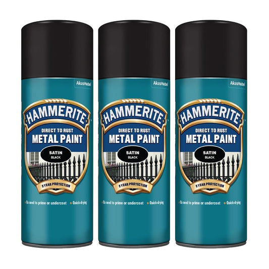 3X Hammerite Satin Black Spray Paint 400ml