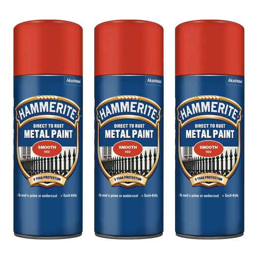 3X Hammerite Smooth Red Spray Paint 400ml