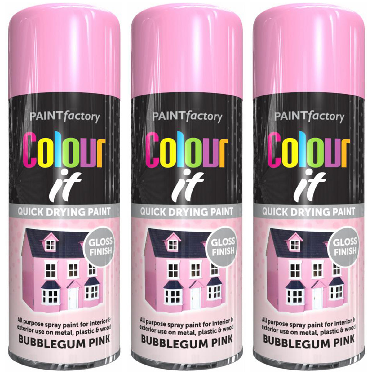 3X Paint Factory Bubblegum Pink Gloss Spray Paint 400ml