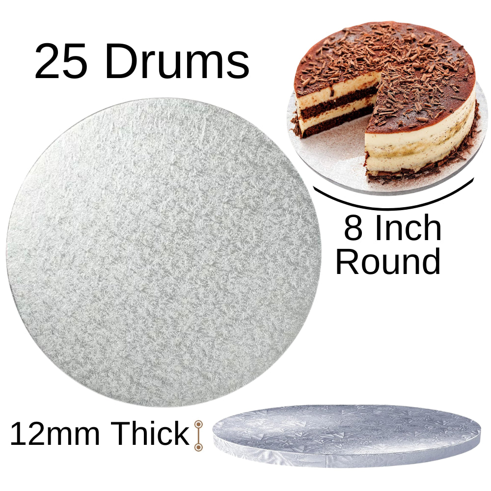 25 Board - 8" Round Cake Drums - Silver