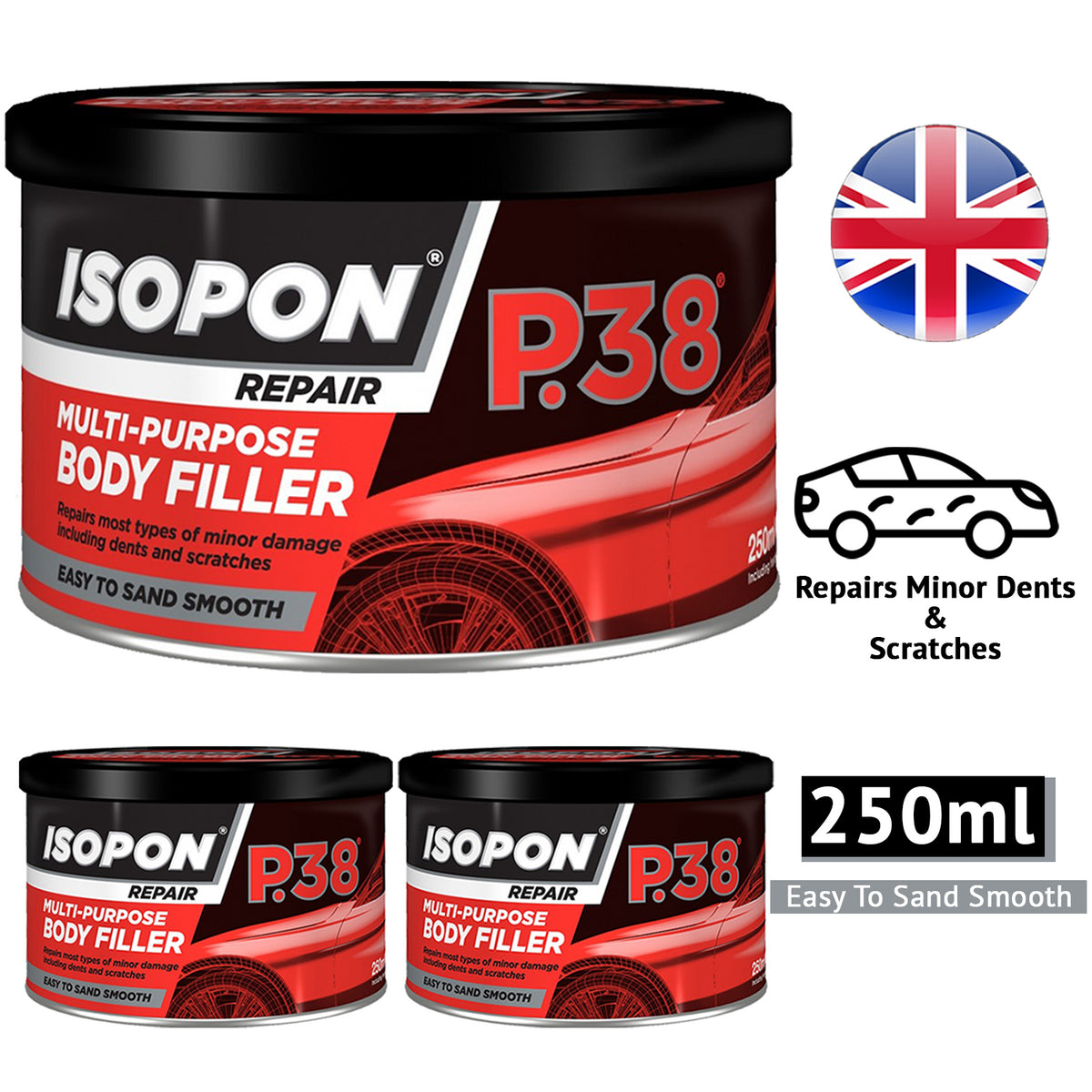 3X Isopon P38 Multi-Purpose Body Filler 250ml