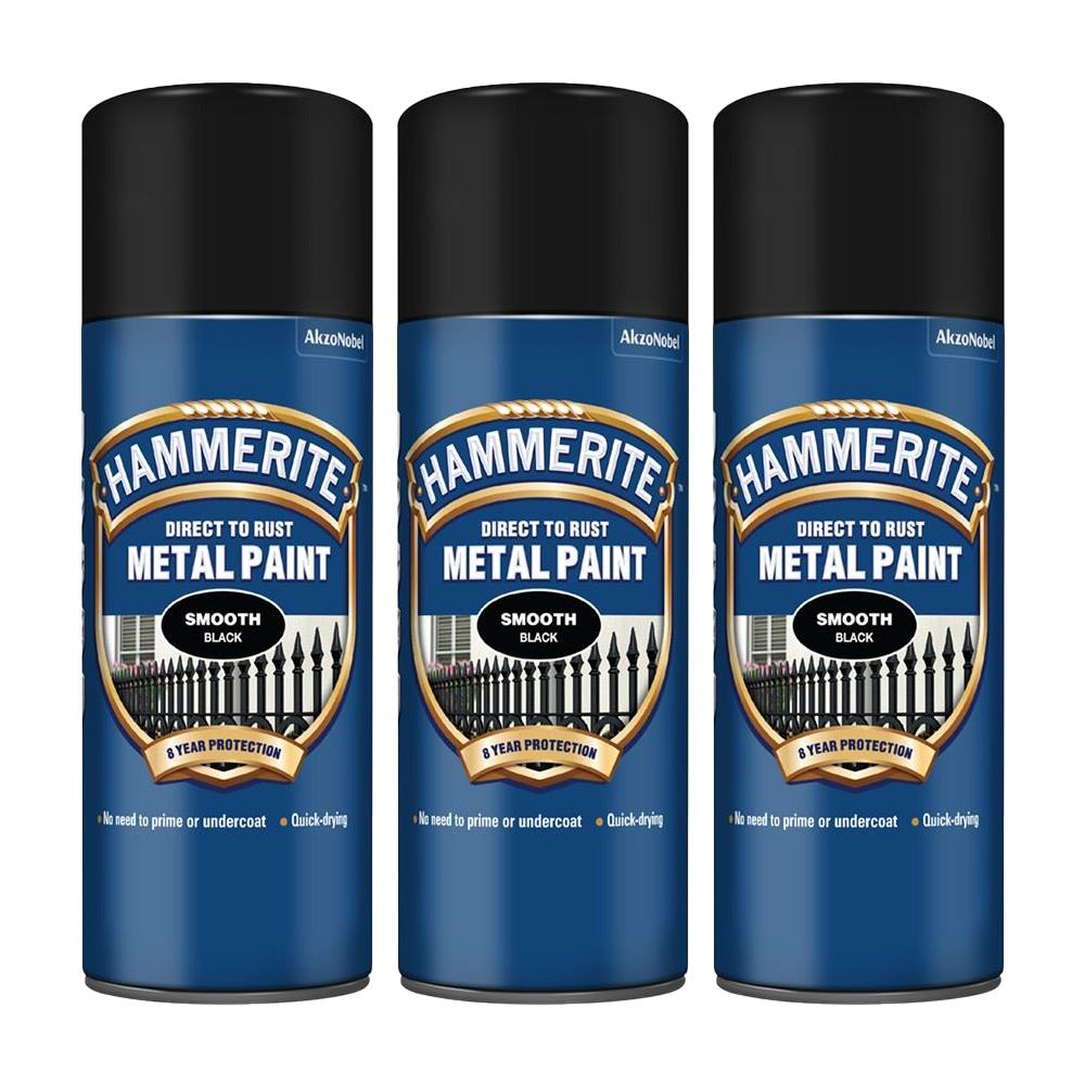 3X Hammerite Smooth Black Spray Paint 400ml